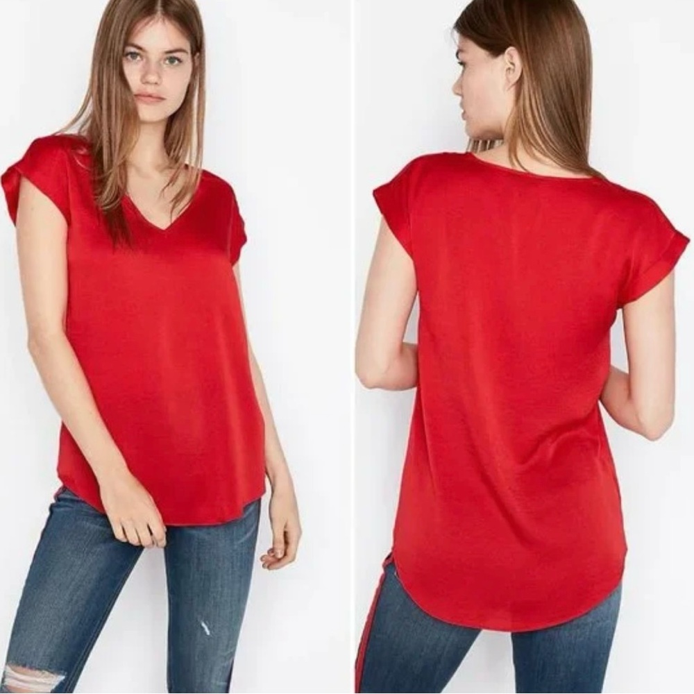 Express Vibrant Red V-Neck Blouse Tee Shirt LIKE NEW